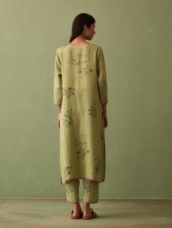 Shop Green Linen Kurta Set For Women Online At Manan